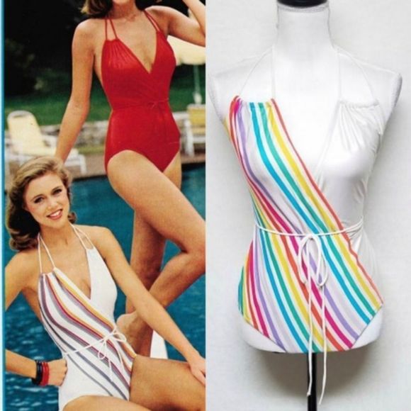 Vintage Other - RARE Vintage 1980s Sears JR Bazaar Pastel Rainbow Striped Wrap Swimsuit Large